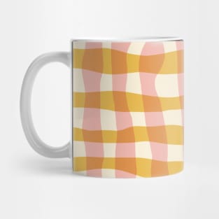 Abstract organic wonky played, gingham pattern in soft pink and golden mustard Mug